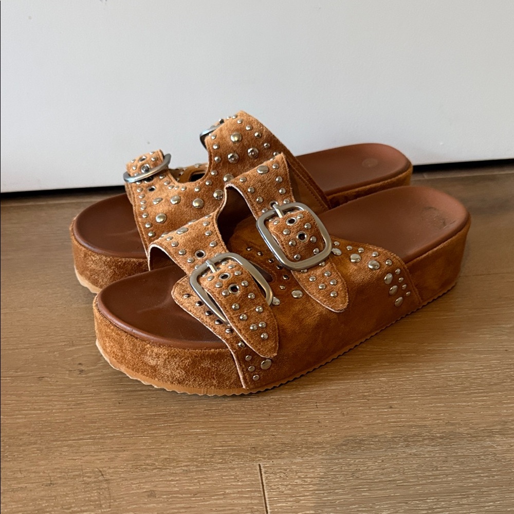 Studded Suede Platform Slide Sandals - Tan - Picture 1 of 1